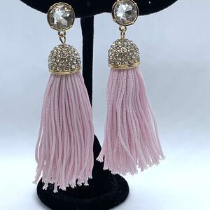 New Gold Tone Clear Rhinestones Pink Tassel Statement Earrings